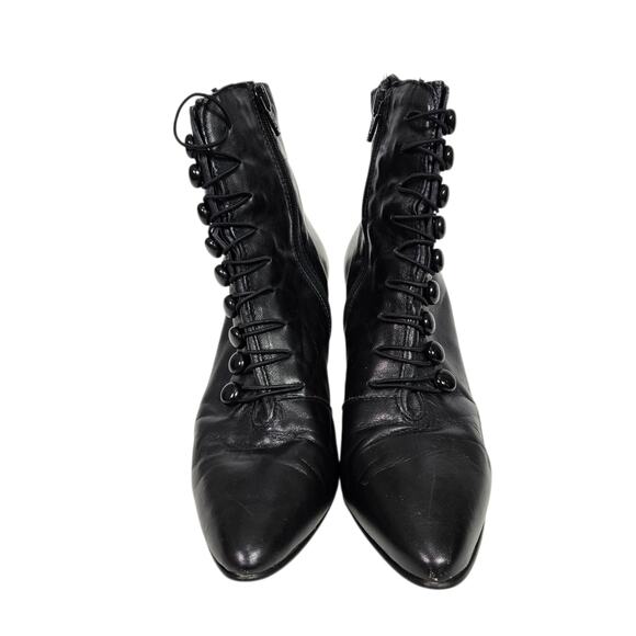 Vintage Poppies Leather Granny Boots Black Ankle Booties Pointy Kitten Heel 7.5 - Picture 13 of 16